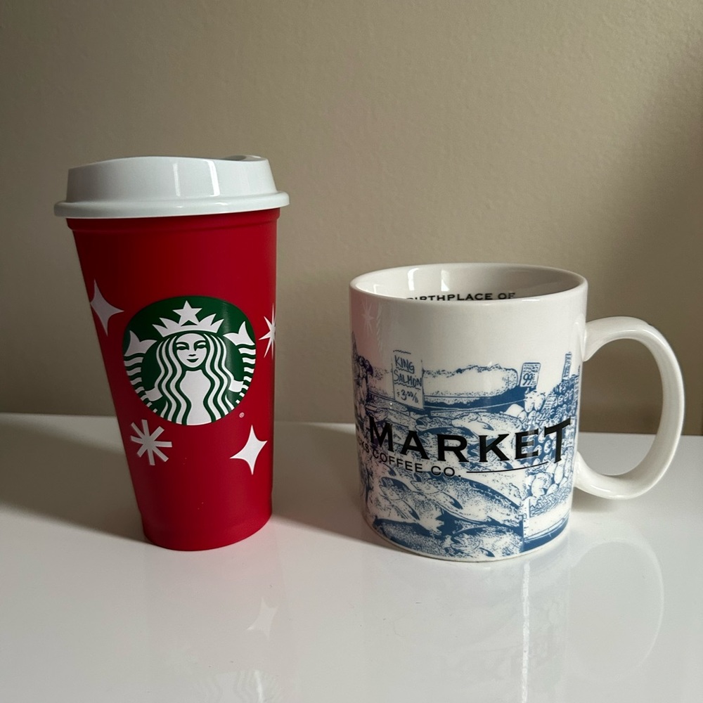 The Pike Place Starbucks Mug and Starbucks Plastic reusable Holiday Cup